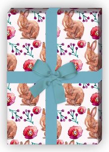 Handgemaltes Hasen Geschenkpapier mit Mohn Blüten nicht nur zu Ostern - G8153, 32 x 48cm