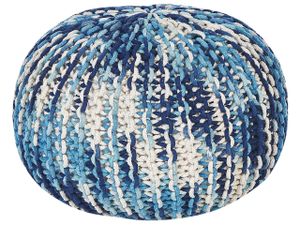 BELIANI Pouf Weiß und Blau Baumwolle ⌀ 50 cm Rund Gefochten Gestrickt Strickhocker Strickpouf Boho für Wohnzimmer Schlafzimmer Deko Haushalt Wohnen