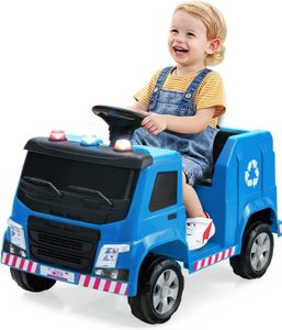 12V Kinder Aufsitz Müllauto mit Sound und Warnlicht, Kinder Elektroauto mit Fernbedienung, elektrisches Kinderauto Müllwagen für Kinder 3-8 Jahren, inkl. 6 Spielzeugflaschen (Blau)