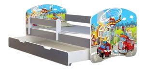 ACMA Jugendbett Kinderbett Junior-Bett Komplett-Set mit Matratze Lattenrost und Rausfallschutz Grau 36 Feuerwehr 160x80 + Bettkasten