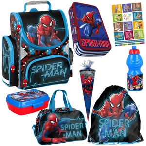 Schulranzen Spiderman ergonomischer Ranzen Federmappe Turnbeutel Trinkflasche Brotodose Zuckertüte Sporttasche Aufgabenheft für die Grundschule 8er Set Lizenzartikel Marvel Spiderman
