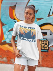 Oversize Bio T-Shirt Damen New PEW PEW MADAFAKAS Funny Katzen Sommer Retro Cat Rundhals Women Shirt