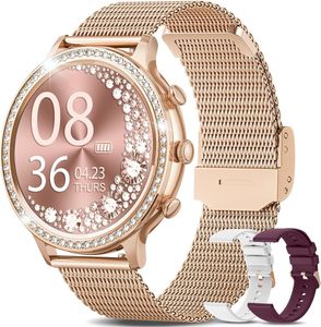 Smartwatch Damen mit Telefonfunktion Fitnessuhr Tracker HD Touchscreen 24/7 Pulsuhr Menstruationszyklus IP68 Wasserdicht Sportuhr,Gold