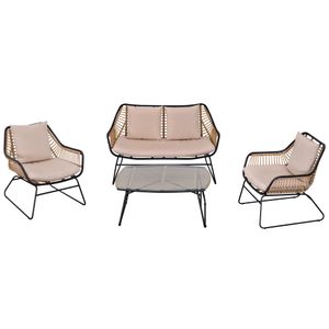 Outsunny Polyratanová záhradná lavička 4-dielna sedacia súprava Rat pre prestávku Čajový stolík z tvrdeného skla Lavička so stolom a vankúšmi Oceľový rám Oceľový polyester Khaki+Beige