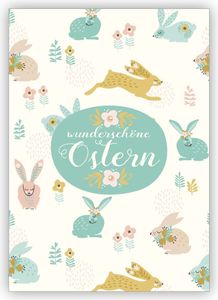 4x Entzückende Osterkarte mit Blumen Osterhasen auf Wiese: wunderschöne Ostern