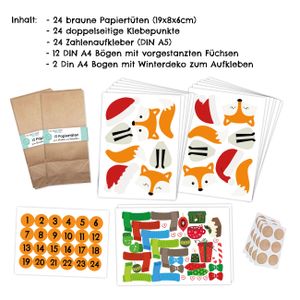 Papierdrachen DIY Adventskalender Kraftpapier Set - ausgestanzte Füchse - mit 24 braunen Papiertüten zum selbst Befüllen und zum Selbermachen  - Weihnachten 2021