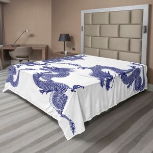 ABAKUHAUS Drachen Bettlaken, Indigene Japane Drachen Weißer Hintergrund Legende Kreaten Asiatischer Mythos Druck, weiches bequemes oberes Bettlaken für ein dekoratives Bett 1 Stück 275 cm x 260 cm, Blau