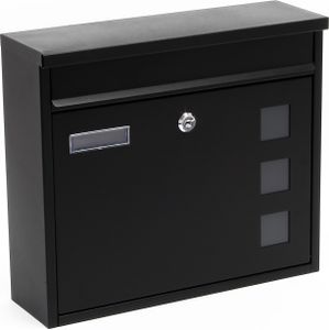 Wiltec Briefkasten V12 schwarz 360 x 115 x 315 mm, Wandbriefkasten mit Schloss, Sichtfenstern und Namensschild, Postkasten aus Stahl galvanisiert