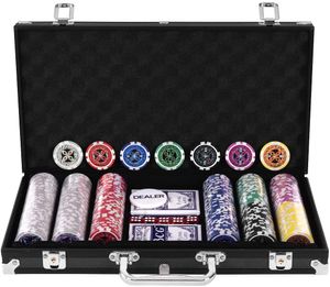 Poker-Set mit 300 Poker Chips, Pokerset Koffer Profi,Pokerkoffer aus Alu, Pokerspiel mit 1 Dealer Button, 5 Würfel und 2 Kartendecks (Schwarz)