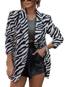 Frauen Open Front Outwear Office Langarm Blazeranzug Mittlerer Länge Feste Farbe Strickjacke,Farbe:Zebra Muster,Größe:M