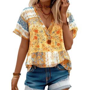 Damen T-Shirt Sommer Tops Freizeit V-Ausschnitt Oberteile Blumendruck Kurzarm Bluse Gelb,Größe:Xl