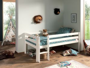 VIPACK poschodová posteľ na hranie s plochou na ležanie 90 x 200 cm, vrátane rebríka a rolovacieho lamelového rámu, masívna bielo lakovaná borovica