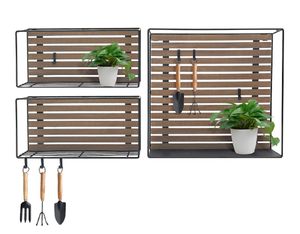 Wandregal 3er Set mit 9 Haken - 40 / 37 cm - Hänge Küchen Regal aus Holz und Metall