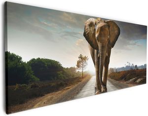 Wallario Premium Leinwandbild Elefant bei Sonnenaufgang in Afrika in Größe 60 x 150 cm