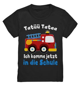 Feuerwehr Schulanfang Outfit Schulkind Geschenk Einschulung Feuerwehrauto T-Shirt – Black / 122/128 (7-8)