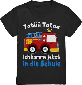 Feuerwehr Schulanfang Outfit Schulkind Geschenk Einschulung Feuerwehrauto T-Shirt – Black / 122/128 (7-8)