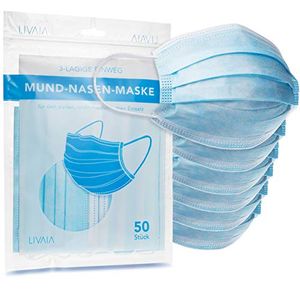 50 Stück Mund-Nasen-Maske, 3lagig, blau, deutschsprachige Verpackung von LIVAIA, 3-lagige Gesichtsmaske 50 Stück