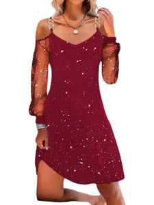 Damen Abendkleider Glänzend Spitze Ballkleid Minikleid Einfarbig Sommerkleid Kleider Rot,Größe M