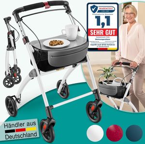 ELONEO Wohnungsrollator 54cm breit, faltbar und leicht, inkl. Tablett & Stoffkorb, Rollator schmal für die Wohnung, Indoor-Rollator, klappbar weiß