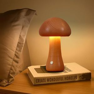 Pilz Tischlampe LED Tischleuchte Dimmbar mit Touch-Schalter 3000K USB Nachttischlampe Holz Deko Lampe