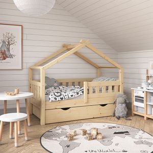 Vitalispa Domečková postel Design, 70x140 cm se zásuvkou a matrací, Přírodní dřevo