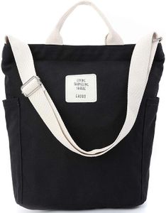 Damen Umhängetaschen groß Tasche Casual Handtasche Canvas Chic Damen Schultertasche Henkeltasche für Schule Shopping Arbeit Einkauf (Schwarz)