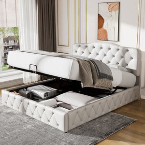 Merax Hydraulická posteľ Boxspring 140x200 cm Čalúnená posteľ so zásuvkou na posteľ a výškovo nastaviteľným čelom, lamelovým rámom a úložným priestorom, funkčná posteľ do izby Manželská posteľ z PU, biela