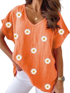 Damen T-Shirts Baumwolle Sommer Shirts Baggy Floral Lässig Oberteile Freizeithemd Orange,Größe XL