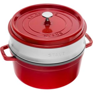 Staub Cocotte Bräter Kirschrot 26 cm mit Einsatz