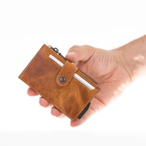Echtleder Portemonnaie mit Schiebemechanismus SLIM Zip Wallet Geldbörse mit RFID-Schutz Kreditkartenetui und Münzfach - Hellbraun