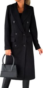 ASKSA Damen Langer Trenchcoat aus Wolle Zweireihig fuer Herbst und Winter Mantel Locker Winterjacke Longline Wool Coat,Schwarz,S