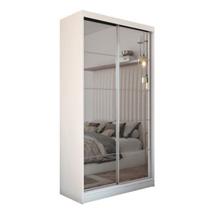 MEBLINI Kleiderschrank mit Spiegel, 2 Türen - Schwebetürenschrank mit Kleiderstange - Schlafzimmerschrank mit Einlegeböden - Wardrobe closet - FLORES - 120 cm - Weiß + Spiegel