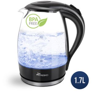 TRESKO Wasserkocher Glas 1,7L Glaswasserkocher LED Beleuchtung Edelstahl 2200W Teekocher BPA frei Teekessel