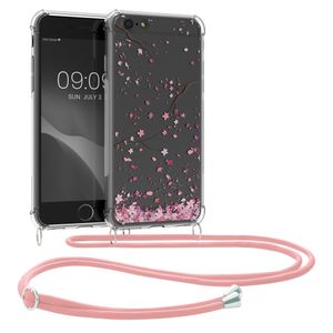 kwmobile Necklace Case kompatibel mit Apple iPhone 6 / 6S Hülle - Silikon Cover mit Handykette - Rosa Dunkelbraun Transparent Kirschblütenblätter