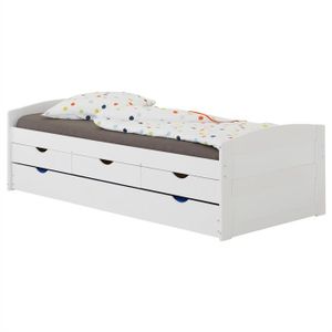 Bett mit Stauraum JESSY aus massiver Kiefer weiß, praktisches Gästebett mit Auszugbett, schönes Tagesbett mit 2 Schubladen