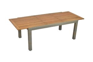 Proutěný rozkládací stůl Merxx 180/240 x 100 cm - hliníkový rám s kamenným béžovým plastovým proutím a akátovým dřevem