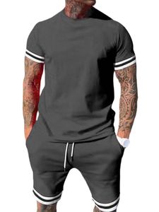 Herren Trainingsanzüge Rundhals T-Shirts+Shorts Outfit Sommer Fitness Freizeitanzug Dunkel Grau,Größe L