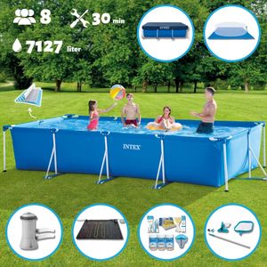 Intex-Schwimmbecken mit rechteckigem Rahmen – 450 x 220 x 84 cm – Blau – im Lieferumfang enthalten Abdeckung - Bodenplane - Filterpumpe für Schwimmbad - Solarmatte - Wartungspaket - Reinigungskit
