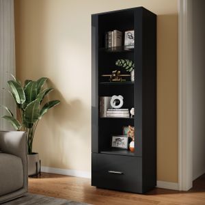 SONNI 55x35x172cm Vitrinenschrank mit LED beleuchtung und Schublade Schwarz hochglanz Glasvitrine Vitrinen