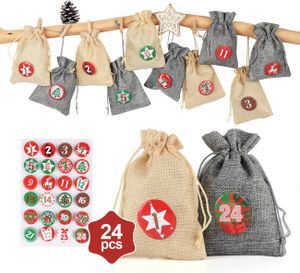 24 stück Adventskalender Stoffbeutel Säckchen Rot & GRÜN Sackleinen Taschen Feiern zum Befüllen(Beige & Grau) für Weihnachten Adventskalender