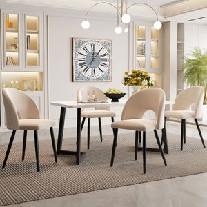 okwish Wohnzimmer-Esstisch und Stühle, 5-teiliges Set, rechteckiger Esstisch 117 x 68 cm, mit 4 Stühlen, Esszimmerstühle mit Prismenmuster, verstellbare Beine, beiger Samt, schwarze Beine