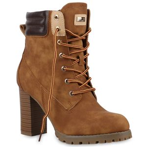 Mytrendshoe Damen Schnürstiefeletten Worker Boots Stiefeletten Block Absatz 812259, Farbe: Braun, Größe: 38