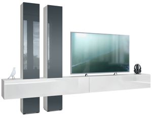 Vladon Wohnwand Moja, Made in Germany, - Weiß matt & Weiß/Grau Hochglanz - Moderne Anbauwand für Ihr Wohnzimmer (BxHxT) 330 x 204 x 39 cm