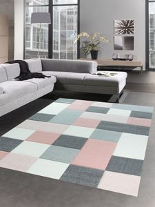 Moderner Teppich Wohnzimmerteppich Kurzflor Karo pastell rosa creme grau Größe - 120 cm Rund