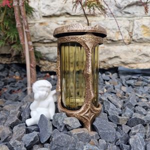 eberin · Jugendstil Grablampe RUND · Metallguss Messing brüniert mit Glaszylinder & Lichtheber Handmade NEU