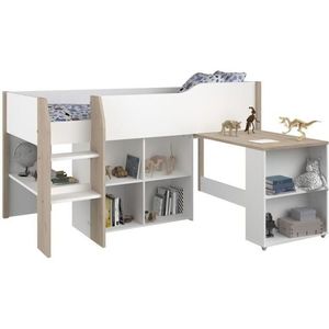 Hochbett mit Schreibtisch & Stauraum - 90 x 200 cm - Weiß & Eichefarben - MARIA