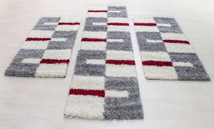 Läuferset Teppich-Set Bettumrandung Shaggy Hochflor Rot Grau Weiss 3er Set, Farbe:Rot, Bettset:2 mal 60x110 + 1 mal 80x150