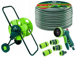 VERTO Schlauchwagen mit Schlauch 1/2 Zoll 50 m + Wasserspritze + 3 x Schlauchverbinder, Wasserstop, Hahnverbinder