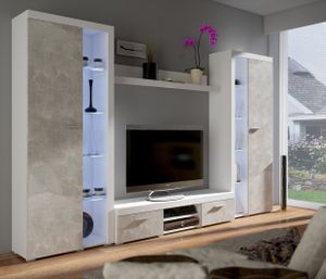 FURNIX Mediawand RIVA XL Wohnwand 4-teilig mit LED, Vitrine, TV Schrank, Highboard 300 cm für Wohnzimmer klassisch Weiß/Beton