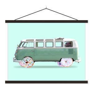 MuchoWow® Textilposter Donuts - Lieferwagen - Auto - Grün 150x113 cm mit schwarzem Rahmen - Wohnzimmer